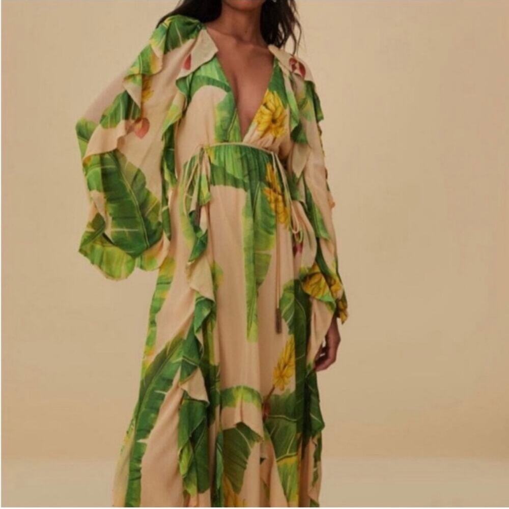 FARM Rio Women's Ruffled Banana-Print Maxi Dress Green/Beige Size XL NWT - Picture 3 of 14